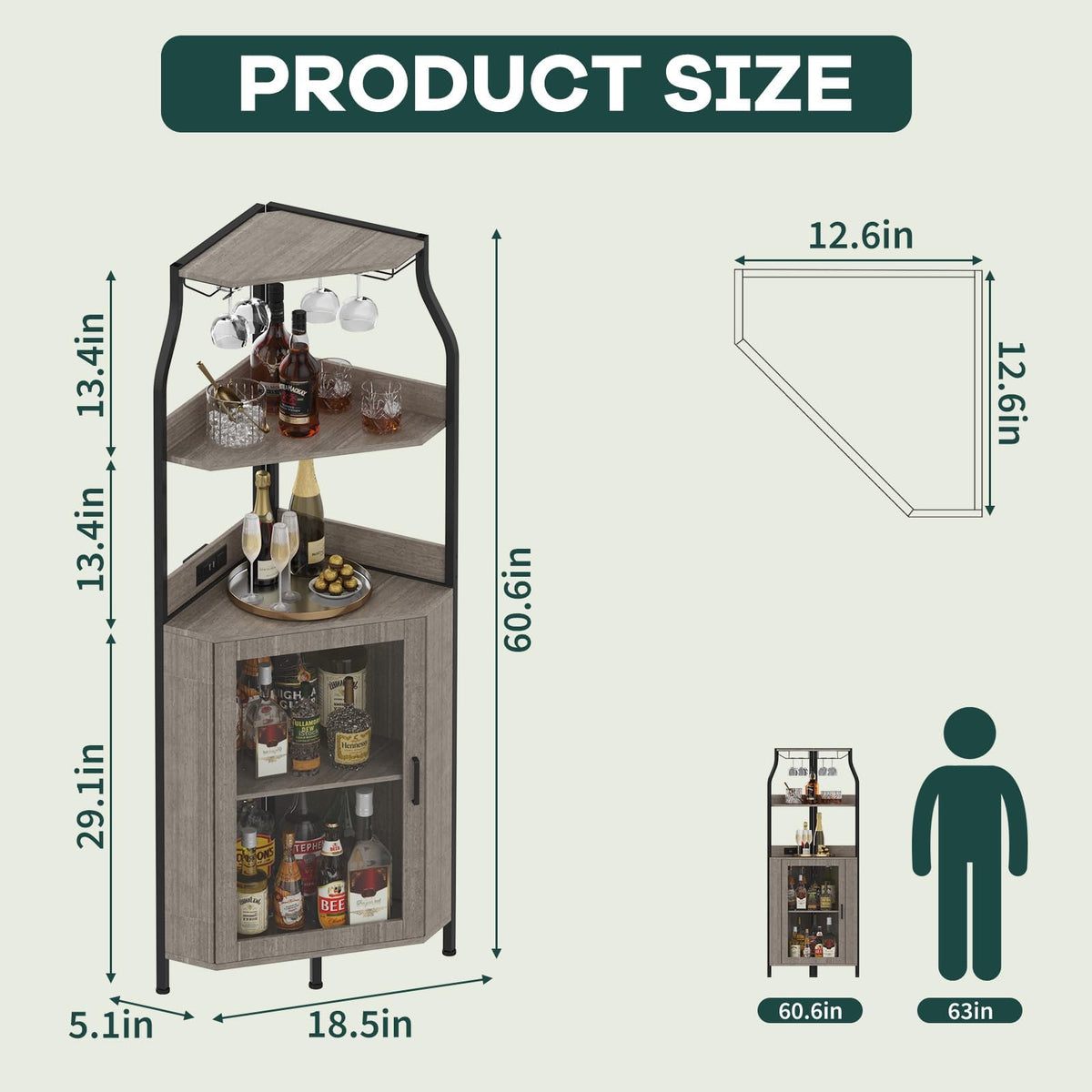 IDEALHOUSE Corner Wine Cabinet with Removable Wine Rack, Industrial Wine Cabinet with Glass Holder and Mesh Door, Liquor Coffee Bar Cabinet with Adjustable Shelves,Grey