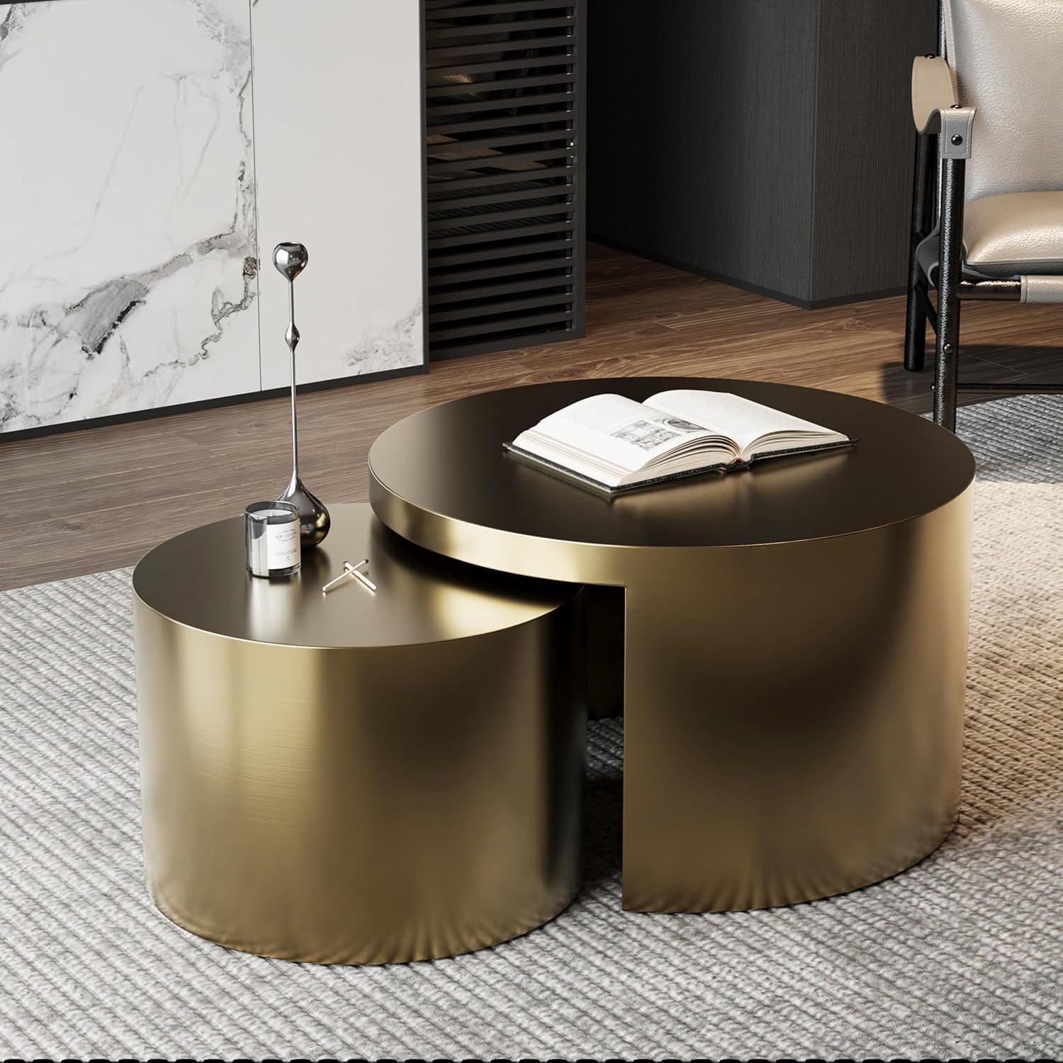 Round Nesting Coffee Tables – Set of 2, Brushed Gold Metal