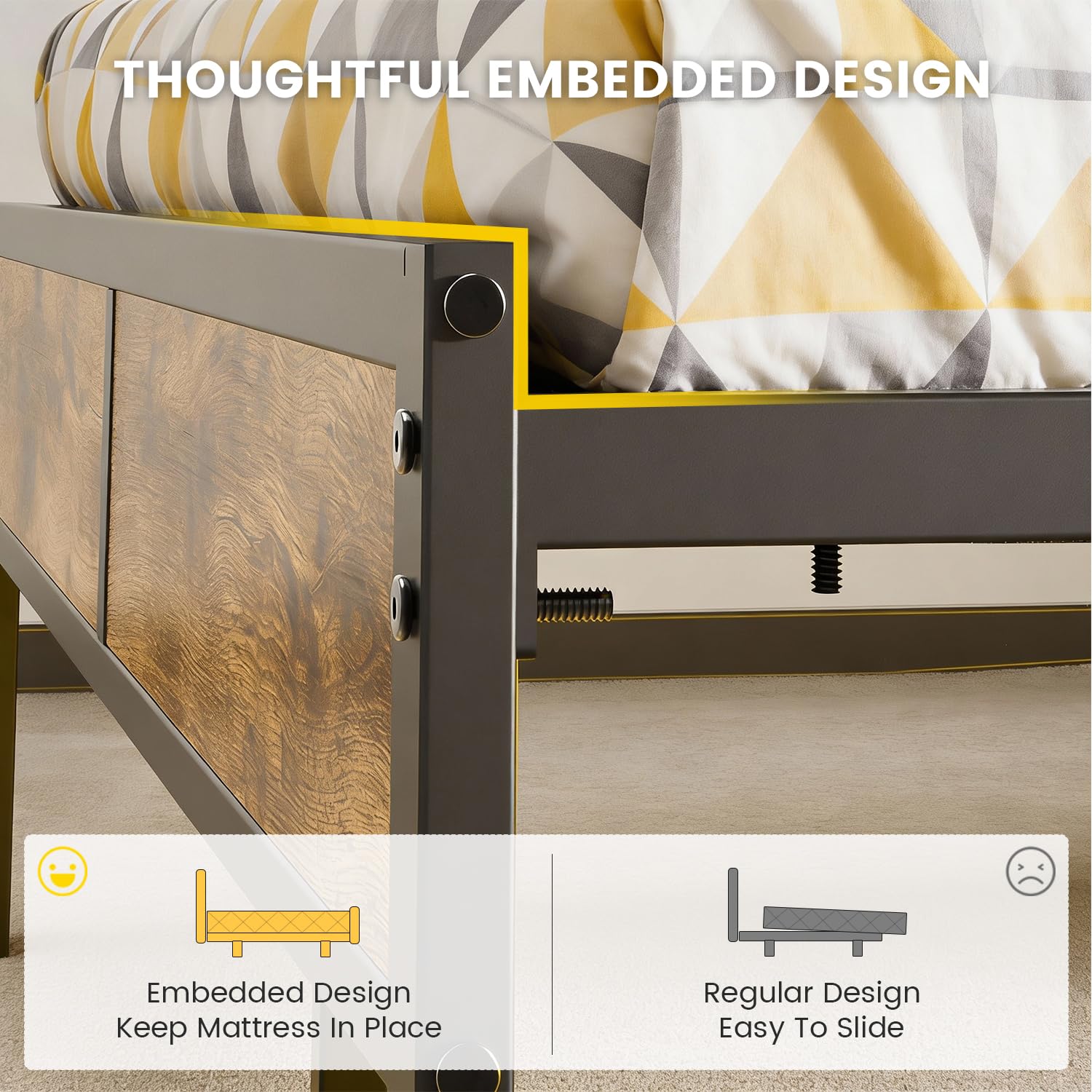 PROTEA Queen Size Bed Frame with LED Lights and Charging Station, Upholstered Storage Headboard, Heavy Duty Metal Platform with Slats, Noise Free, No Box Spring Needed, Easy Assembly