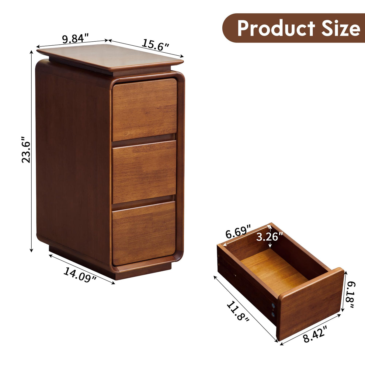 Solid Wood Nightstand, Fully Assembled Narrow Bedside Table for Bedroom