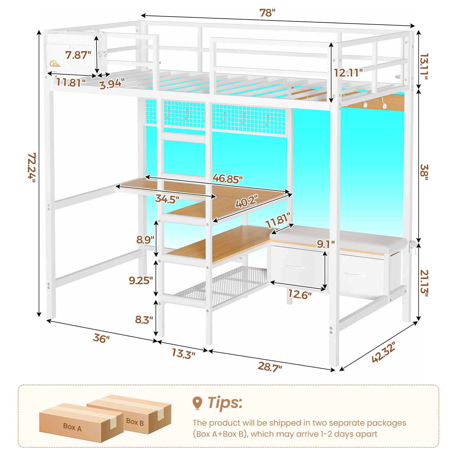 Twin Loft Bed with L-Shaped Desk & LED Lights