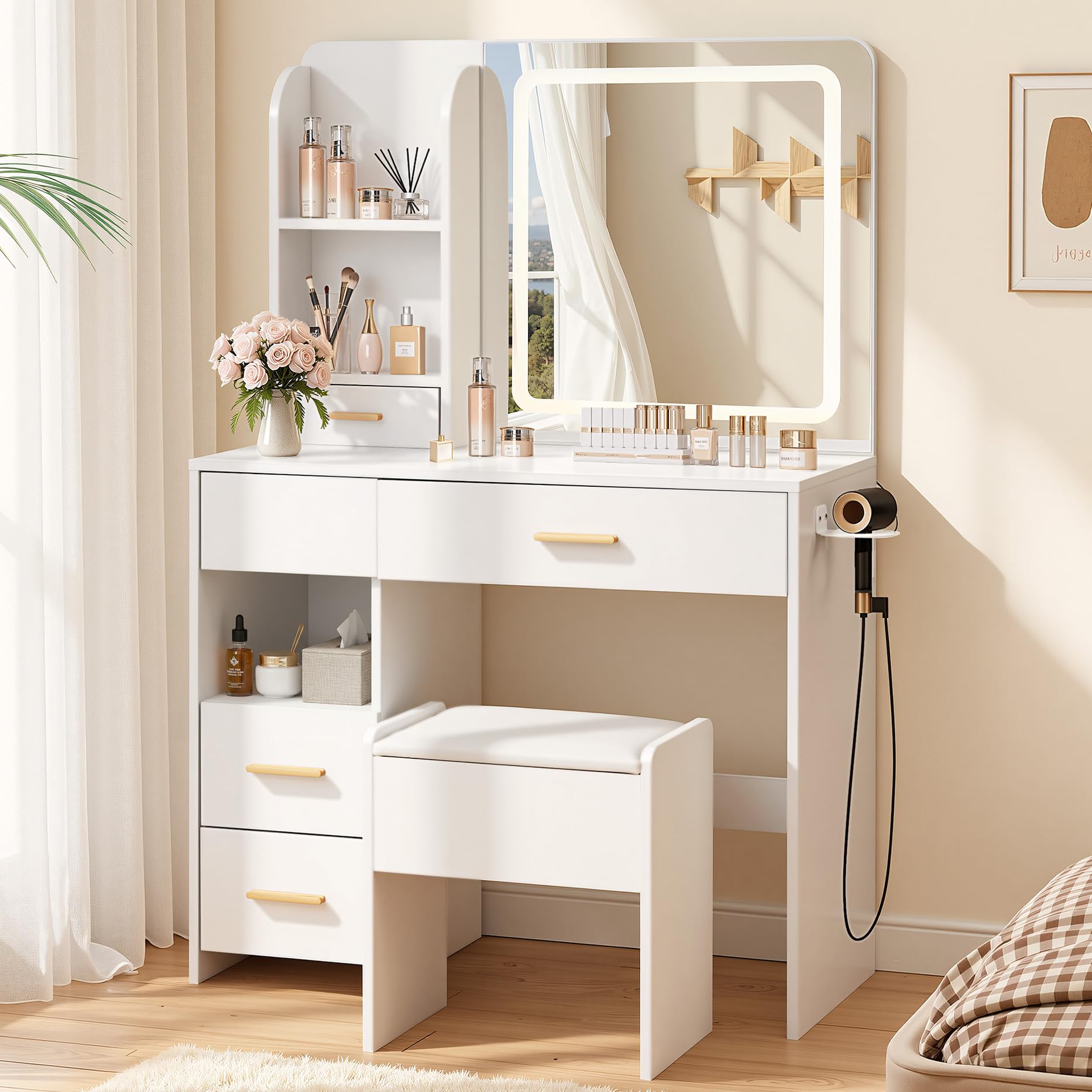 LED Makeup Vanity Desk with Mirror, Drawers & Storage Stool