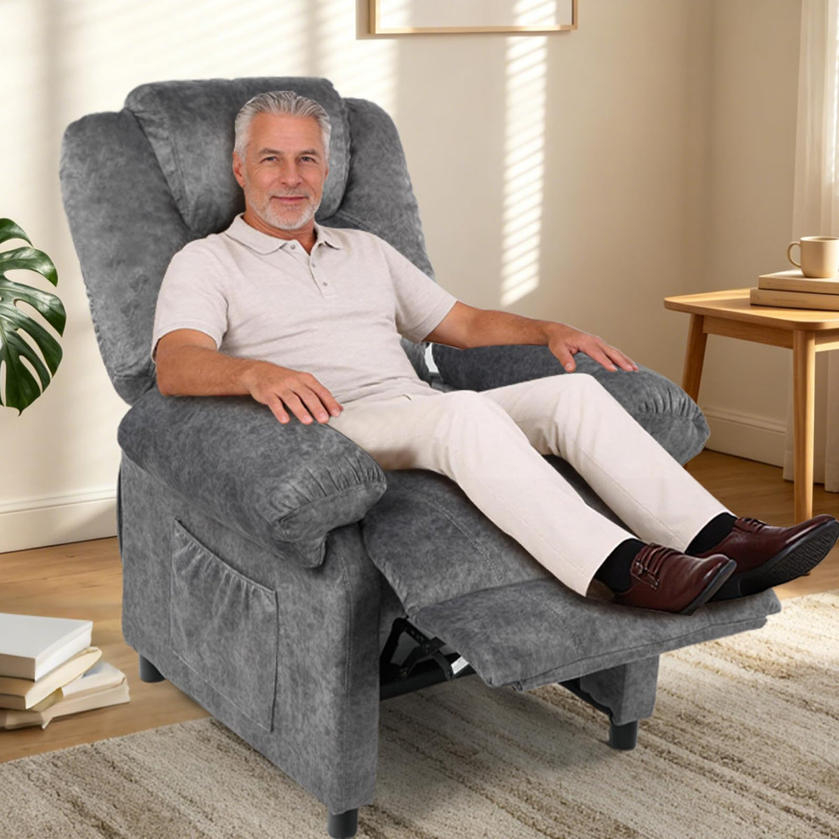 PushBack Massage Recliner Chair with Heat Small Reclining Single Sofa Grey