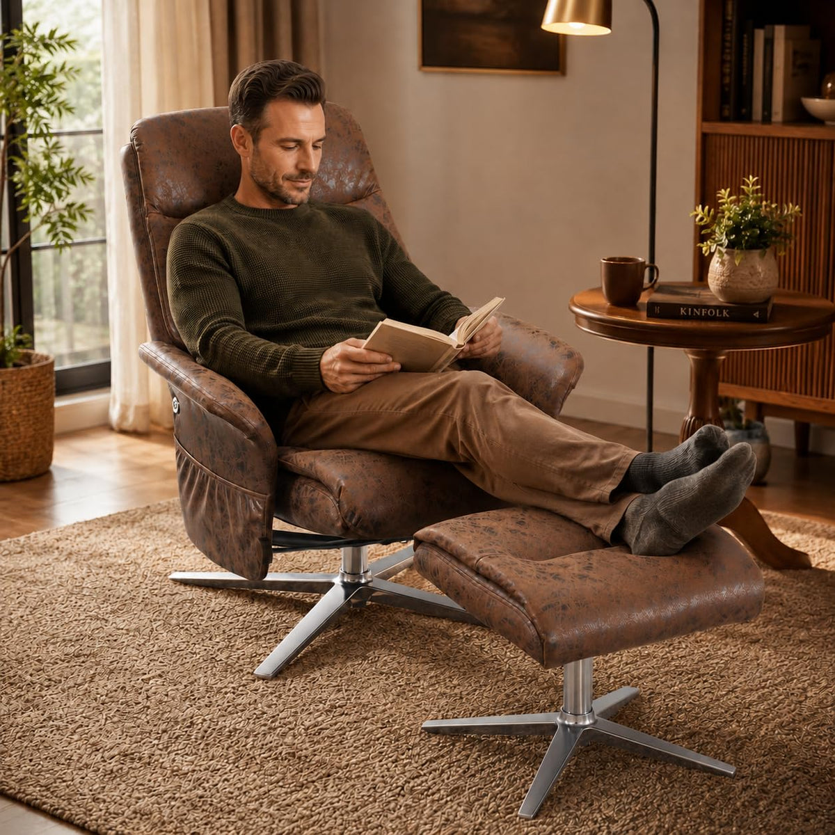 MCombo Swivel Recliner Chair with Ottoman, 360° Faux Leather Lounge Chair with Adjustable Backrest, Manual Reclining Chair with Footrest for Small Spaces, Living Room, Bedroom, Office 4603 (Brown)