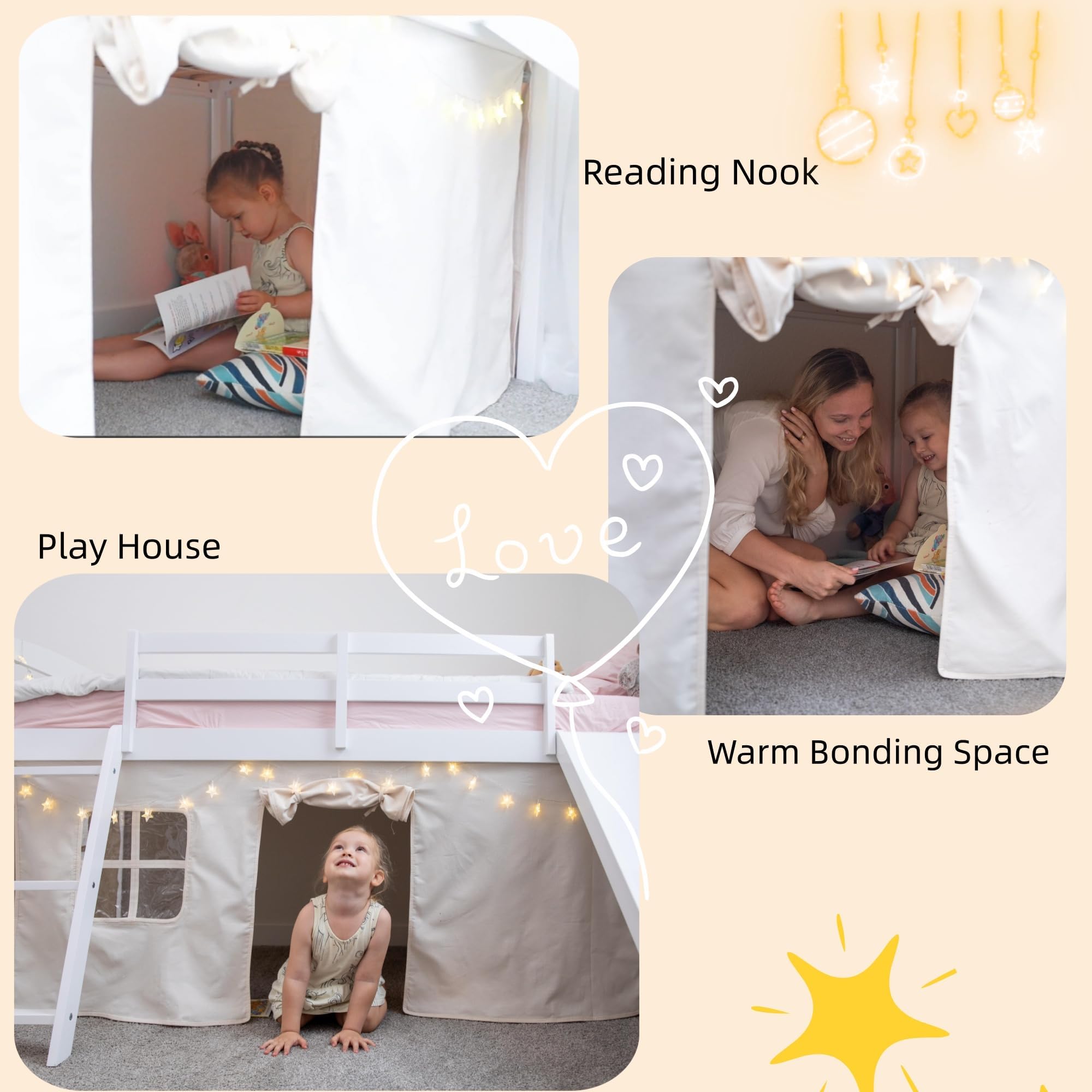 Kids Loft Bed with Slide & Tent