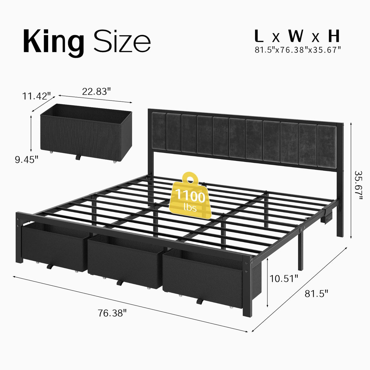 OLEVS King Bed Frame with 3 Drawers, Charging Station & RGB LED Lights