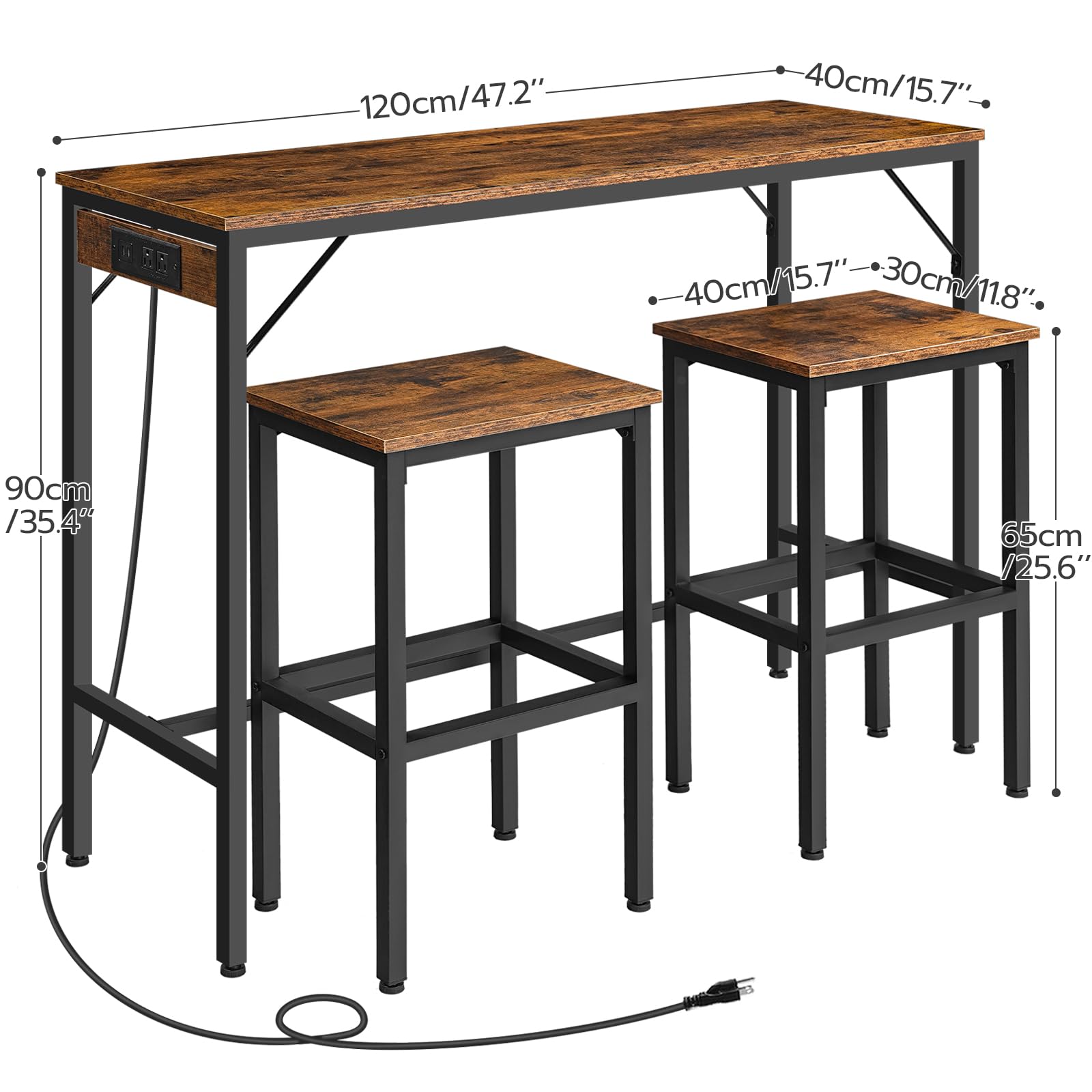 3-Piece Bar Height Table Set with Power Outlet