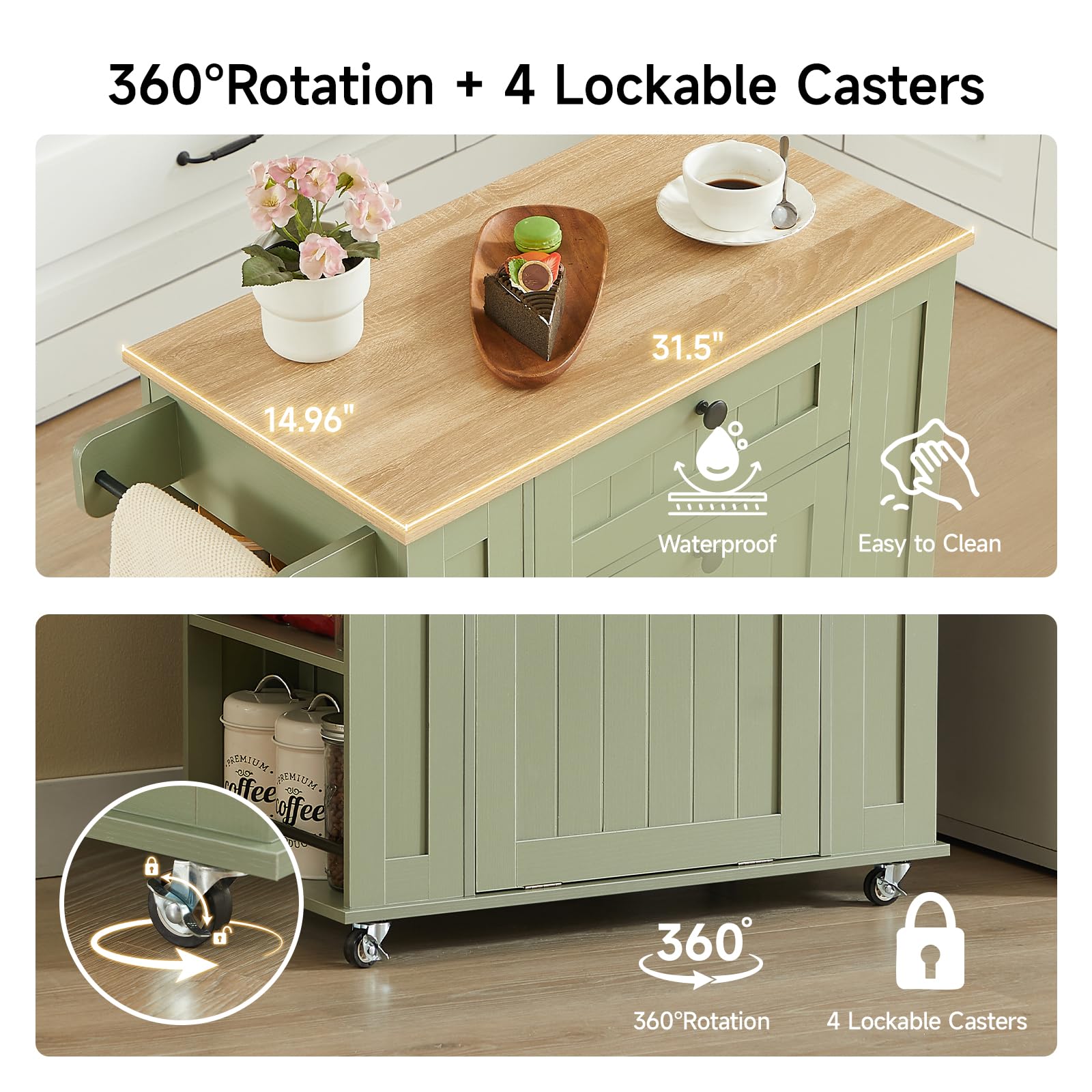 Rolling Kitchen Island with Trash Cabinet & Power Outlet