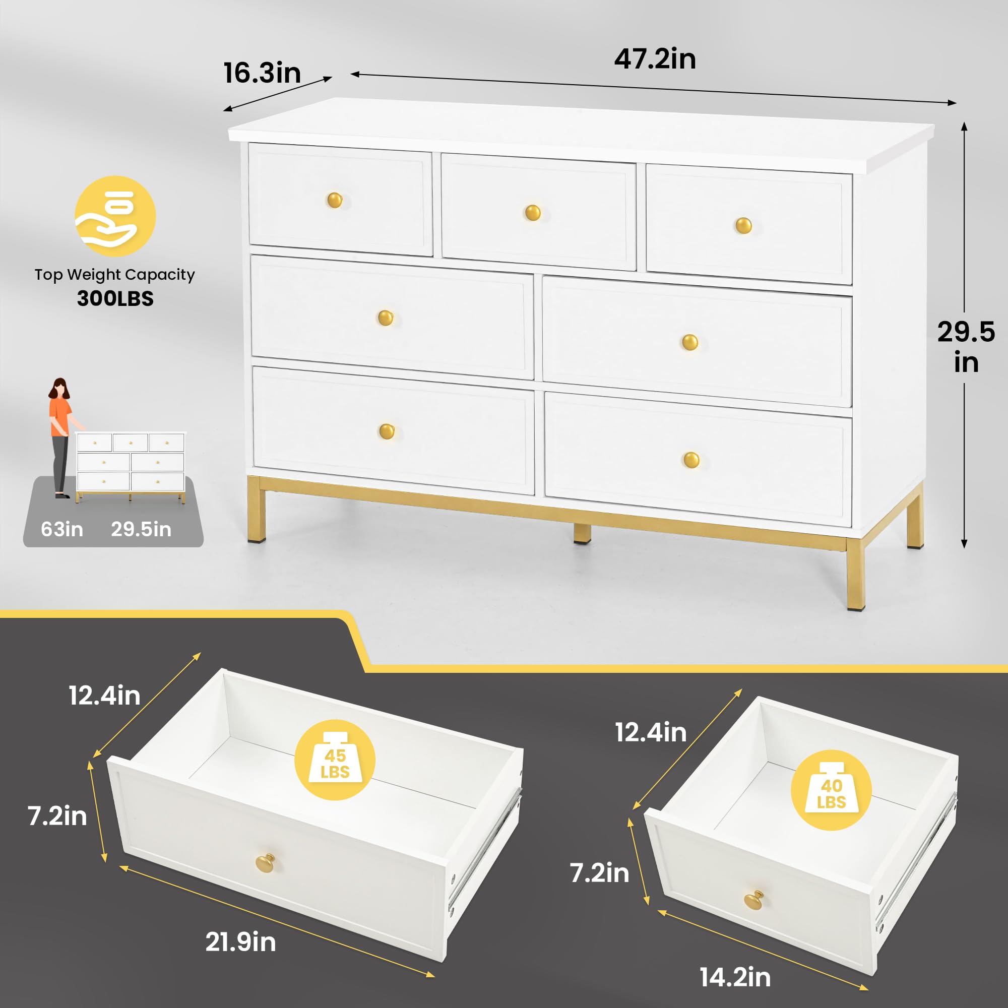 Pamapic Modern 7-Drawer White Dresser,47" White Wooden Dresser for Bedroom, Storage Organizer with Deep Drawers & Metal Handles for Bedroom, Entryway, Hallway