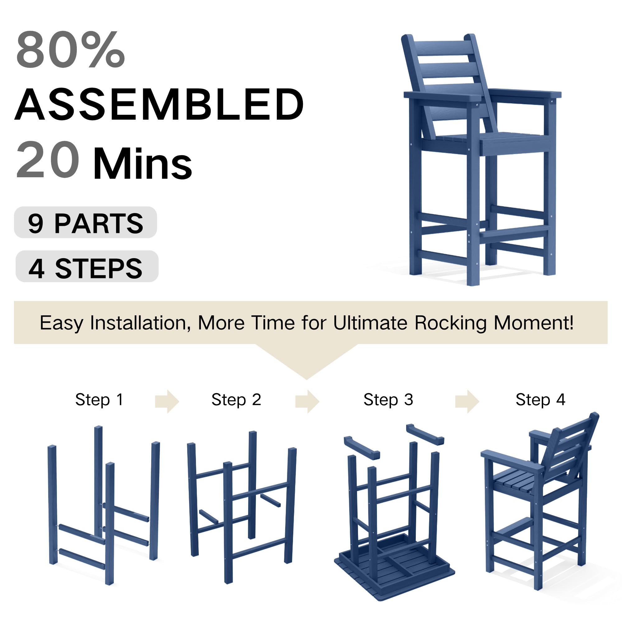 Kingdura Balcony Adirondack Chairs and Table 3 Pieces Set, Adirondack Bar Height Chairs Set of 2 with Matching Bar Table, HDPE Outdoor Bar Stools Set for Bistro, Garden, Poolside (Navy Blue)