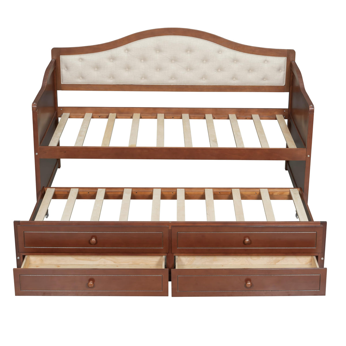 Twin Size Corner Bed Frame with Storage Drawers and Trundle, Walnut