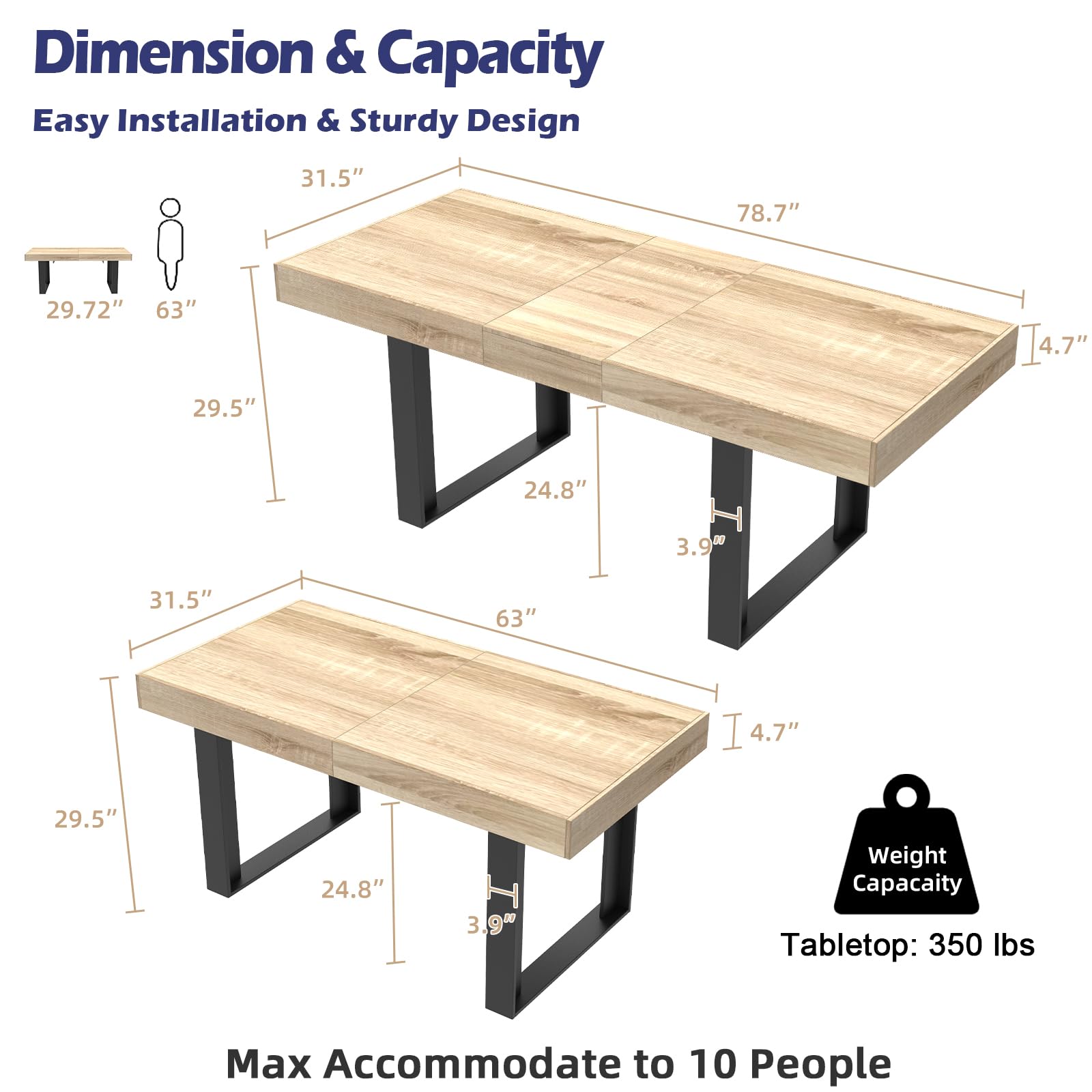 Extendable Dining Table 63"-79", Seats 6-10