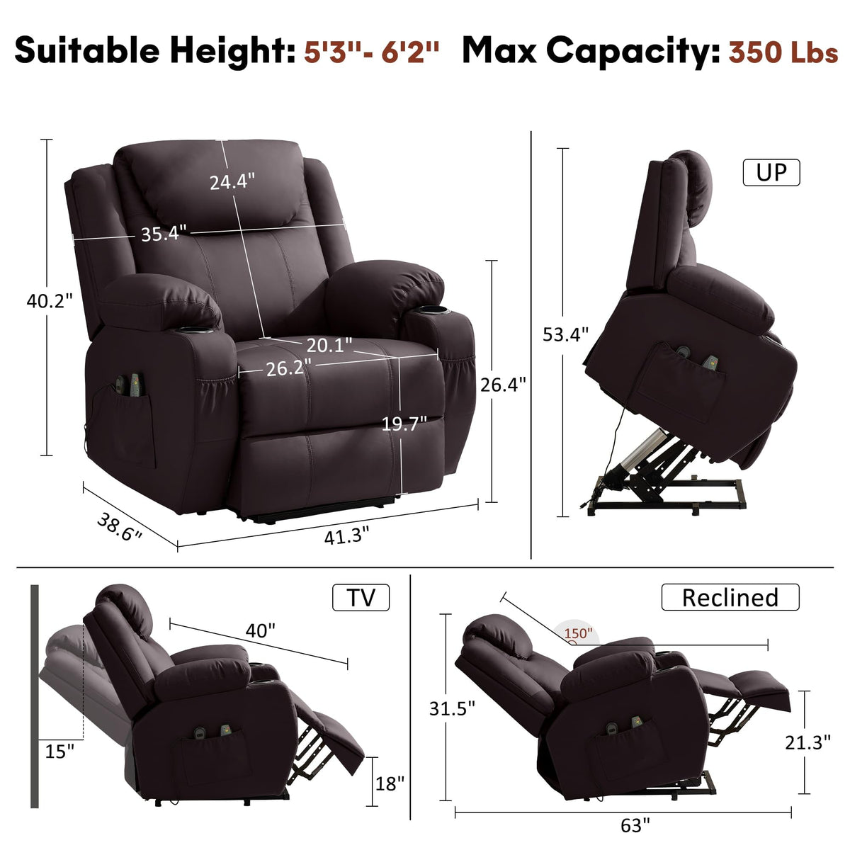 Korser Oversized Power Lift Recliner Chair with Massage and Heat for Elderly, 26" Overstuffed Wide Electric Recliner with 2 Side Pockets, Cup Holders, Lift Chair for Living Room, Faux Leather, Brown