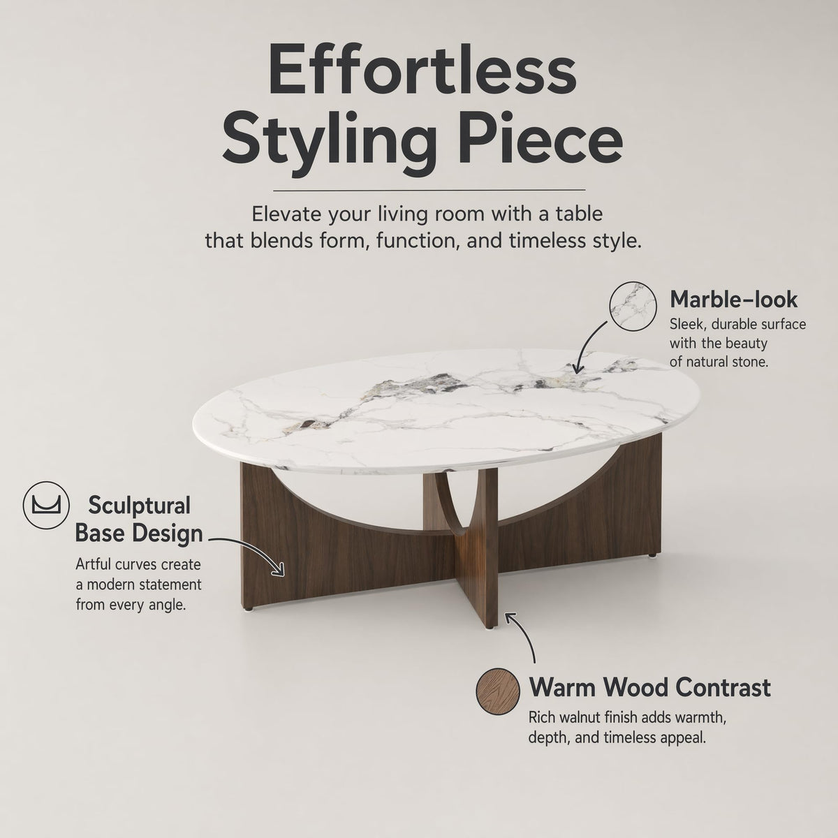 Oval Marble-Look Coffee Table