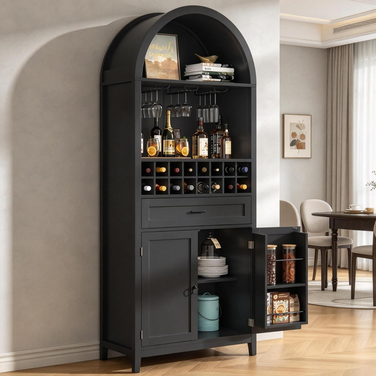 76" Arched Wine Bar Cabinet with Drawer, Glass Holders & Wine Rack