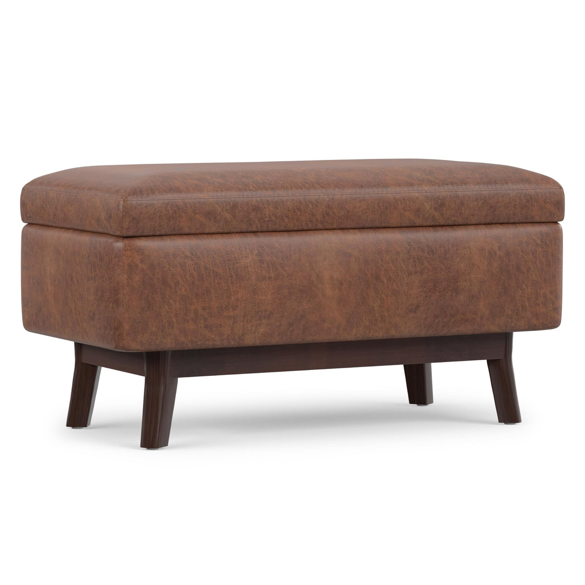 SIMPLIHOME Owen 36" Wide Vegan Leather Ottoman in Distressed Saddle Brown