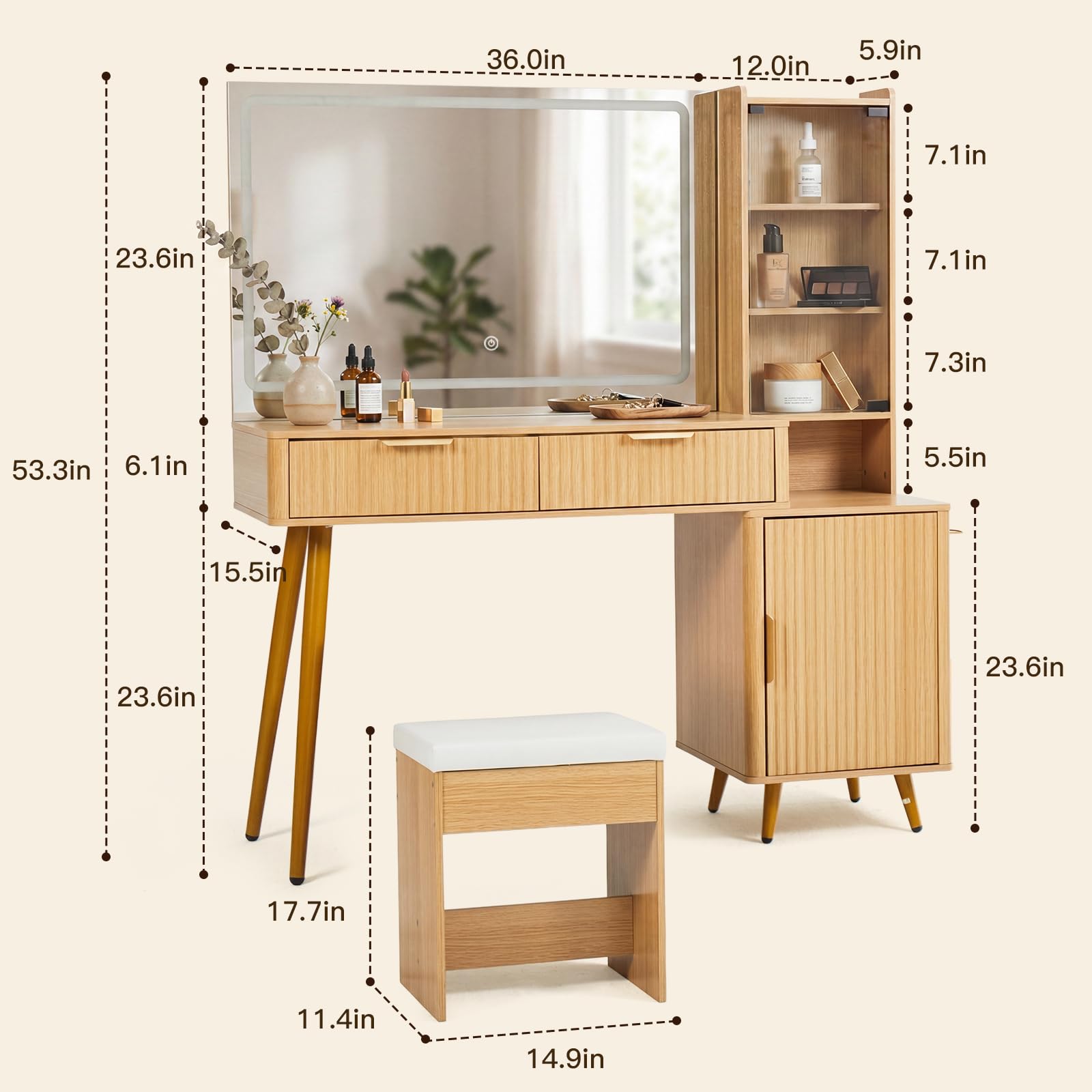 Fluted Makeup Vanity Desk with Upholstered Stool for Women, 40" Wooden Vanity Table with Mirror and Lights, Modern Glass Top, Adjustable Shelves,Dressing Table Set Charging Station for Bedroom, Oak
