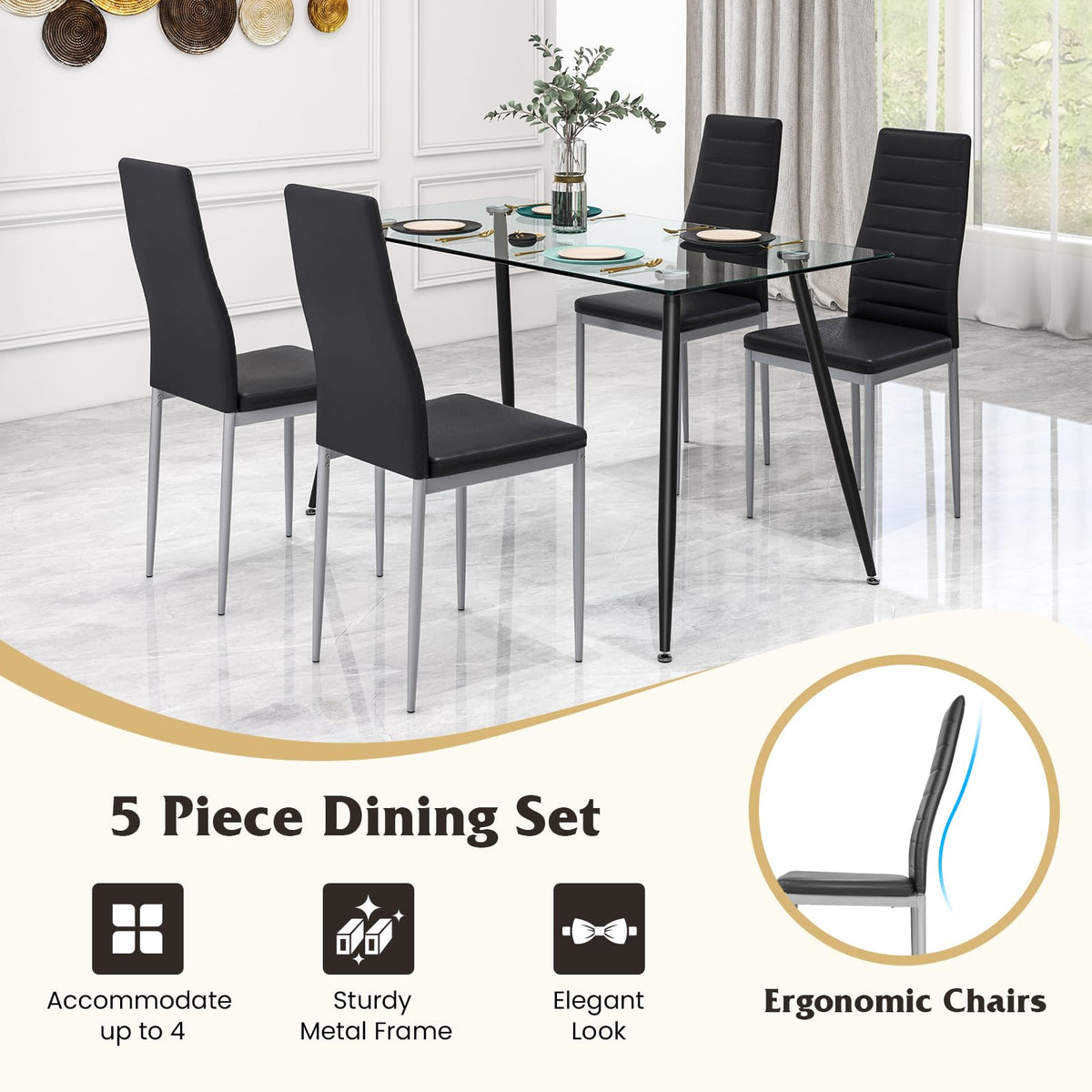 GIANTEX Dining Table Set for 4, Kitchen Table Chairs Set with 51” Rectangle Glass Table, 4 Padded Dining Chairs, Metal Structure, Dinette Table for Breakfast Nook, Living Room, Restaurant, Black