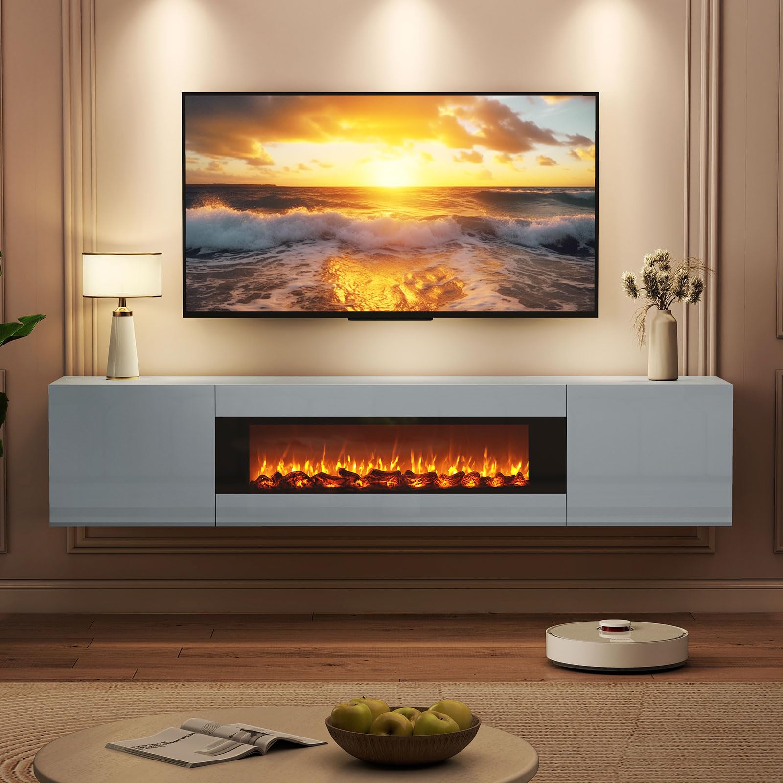 BREEZEHEAT 70'' Floating TV Stand with Fireplace, Modern Wall Mounted Entertainment Center for TVs Up to 80", High Gloss Media Console for Living Room, Decorative Faux Fireplace, Remote Control, Grey