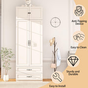 Vrmuxita Armoire Wardrobe Closet with Drawers: Bedroom Armoires with Hanging Rod, Wooden Closet Cabinet for Hanging Clothes, Tall Wardrobes Closets with Doors and Shelves (White, 32")