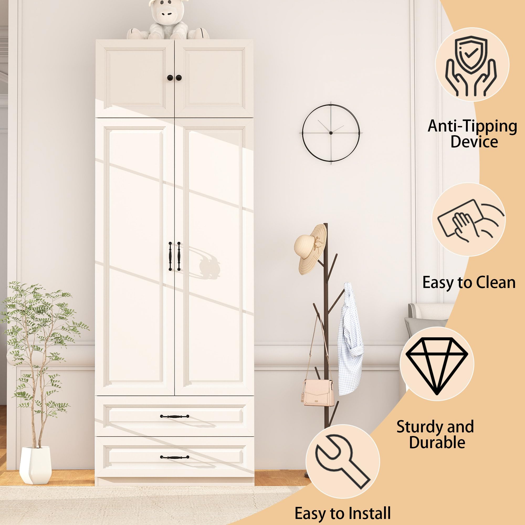 Vrmuxita Armoire Wardrobe Closet with Drawers: Bedroom Armoires with Hanging Rod, Wooden Closet Cabinet for Hanging Clothes, Tall Wardrobes Closets with Doors and Shelves (White, 32")