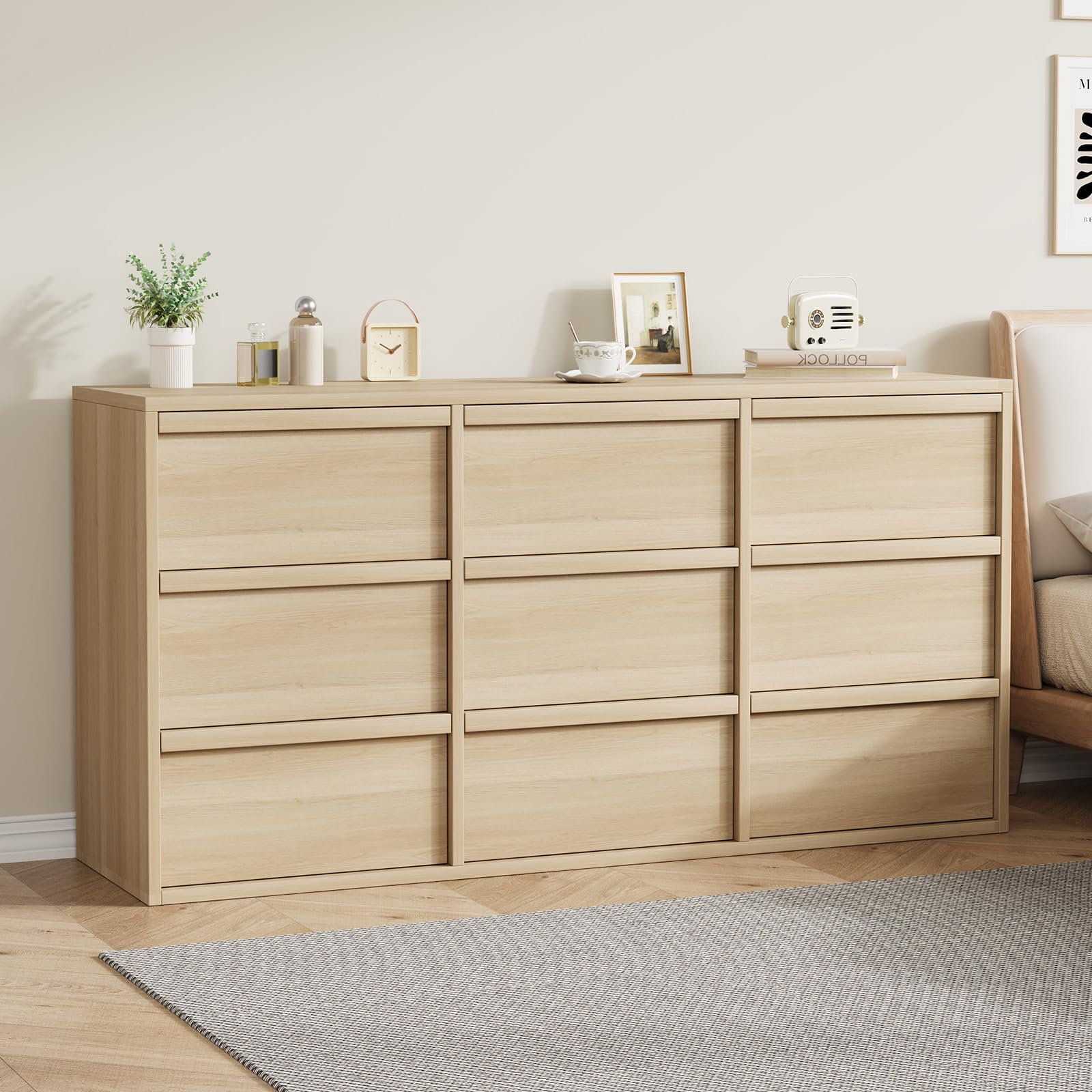 Garvee 9 Dresser for Bedroom, 58.7" Wide Dresser, Freestanding Horizontal Drawer with Storage, Wooden Closet Chest Storage for Living Room, Hallway, Entryway
