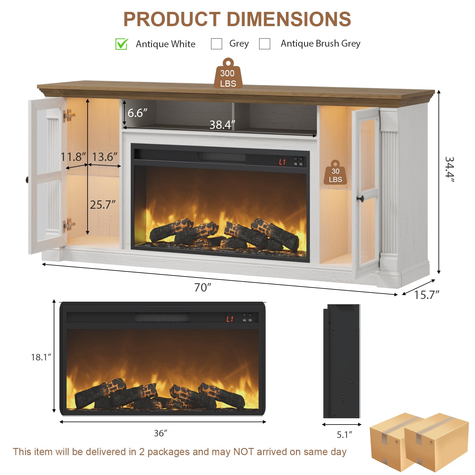 Farmhouse Fireplace TV Stand Up to 80" TVs, 70" Modern Highboy Entertainment Center with 36" Electric Fireplace & LED Lights, Media Console with Adjustable Shelves for Living Room, Antique White
