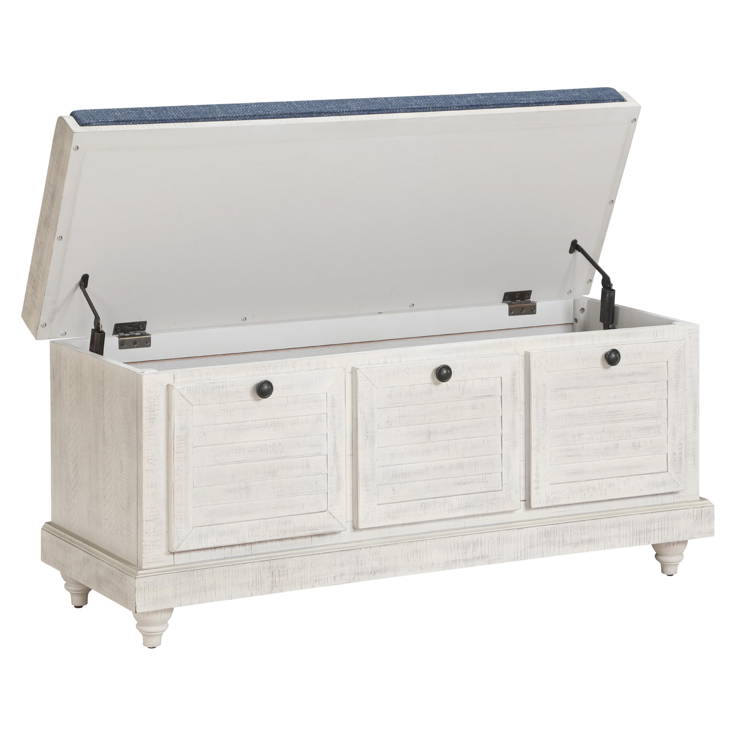 OSP Home Furnishings Dover Coastal Lift-Top Storage Bench with Shutter Face Styling, Distressed White Finish with Navy Fabric Cushion