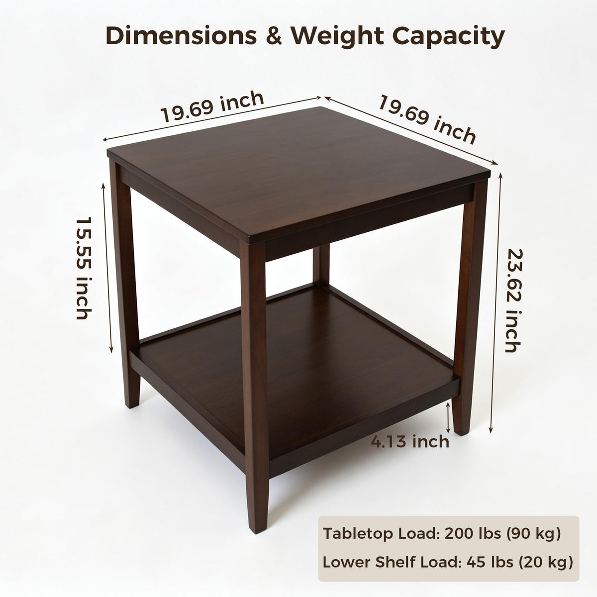 Kelvorvin Square Side Table, Solid Wood End Table 2-Tier Small Coffee Table