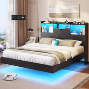 DICTAC Queen Floating Bed Frame with LED Lights and Storage Headboard, Visual Floating Bed with Charing Station, Queen Size Metal Platform Bed with Stable Structure, No Box Spring Need, Easy Assembly