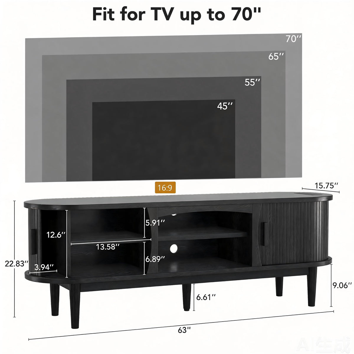 Decofy 63" Fluted TV Stand for TVs Up to 70" with Charging Station, Black