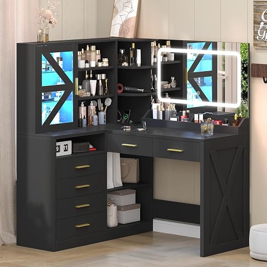 L-Shaped Corner Vanity Desk with LED Mirror & RGB Cabinet