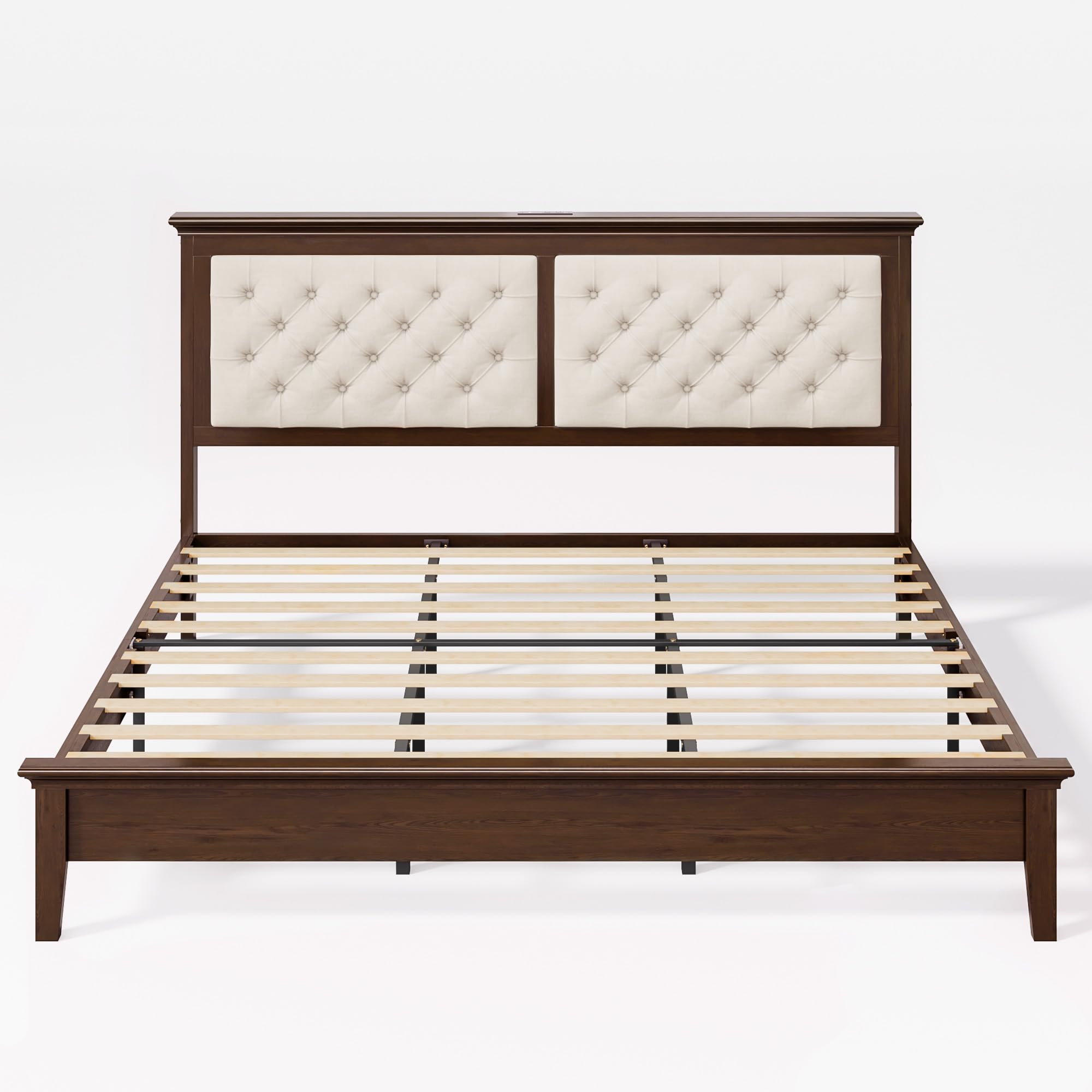 Lifezone Solid Wood King Size Bed Frame 46” Tall Diamond-Tufted Upholstered Headboard, American Classic Flat-Top Bed, Stable Structure, Wood Slats Support, Noise-Free, No Box Spring Needed, Walnut