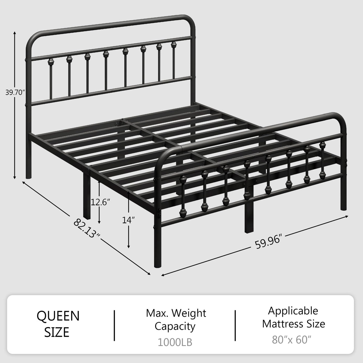 zunatu Queen Size Metal Bed Frame, Victorian Style Headboard and Footboard
