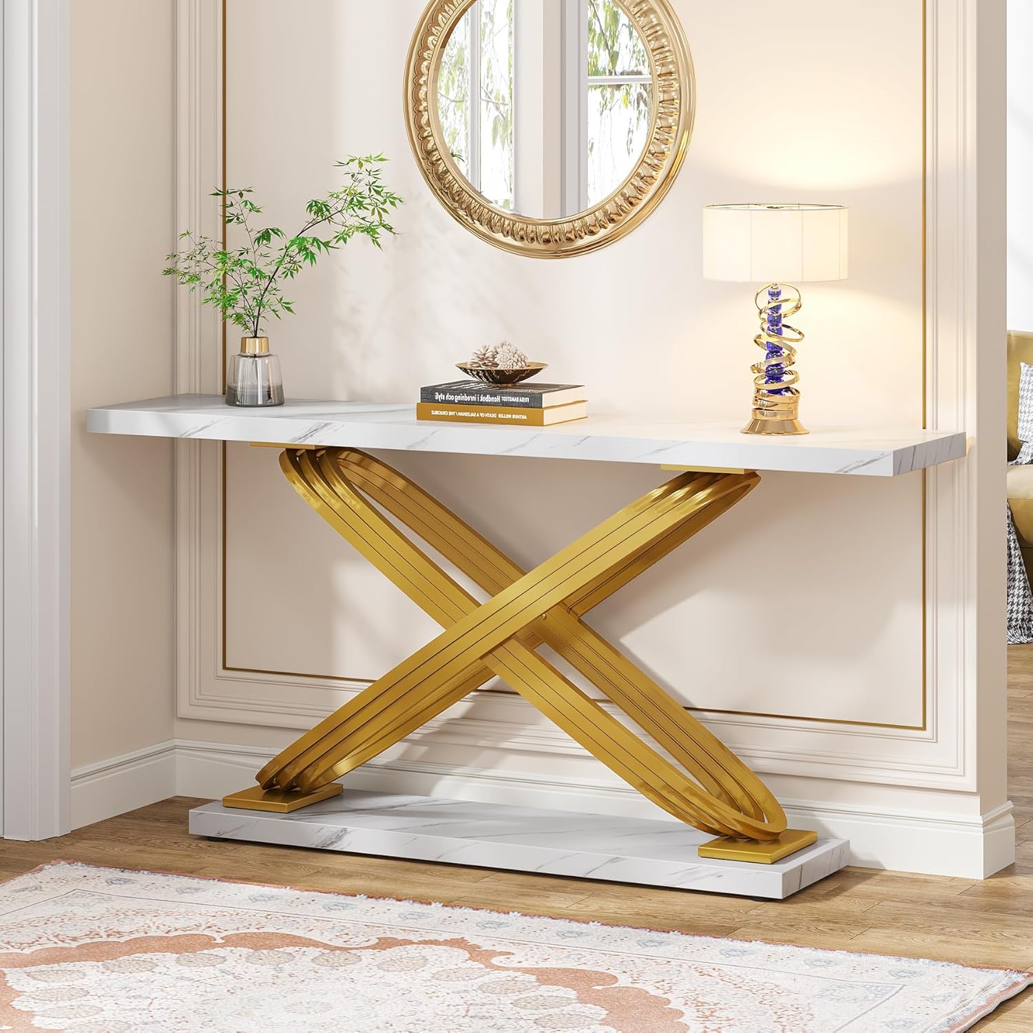 Tribesigns 55 Inch Modern Console Table, Gold Entryway Table Behind Sofa Couch, Narrow Rectangular Sofa Table for Living Room, Bedroom, Front Hall, Hallway, Gold & White