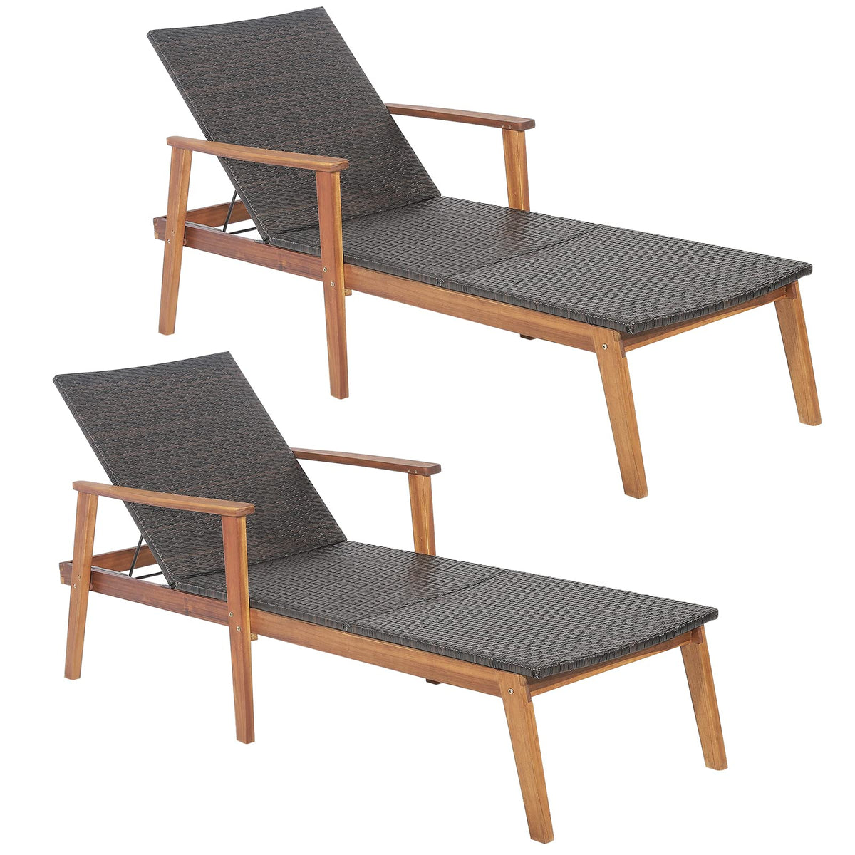 Tangkula Patio Lounge Chair, 4-Position Adjustable Recliner with Fully Flat Position, Outdoor PE Wicker Chaise Lounge with Acacia Wood Frame for Backyard, 800 LBS Max Load (Mix Brown, 2 Pack)
