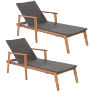 Tangkula Patio Lounge Chair, 4-Position Adjustable Recliner with Fully Flat Position, Outdoor PE Wicker Chaise Lounge with Acacia Wood Frame for Backyard, 800 LBS Max Load (Mix Brown, 2 Pack)