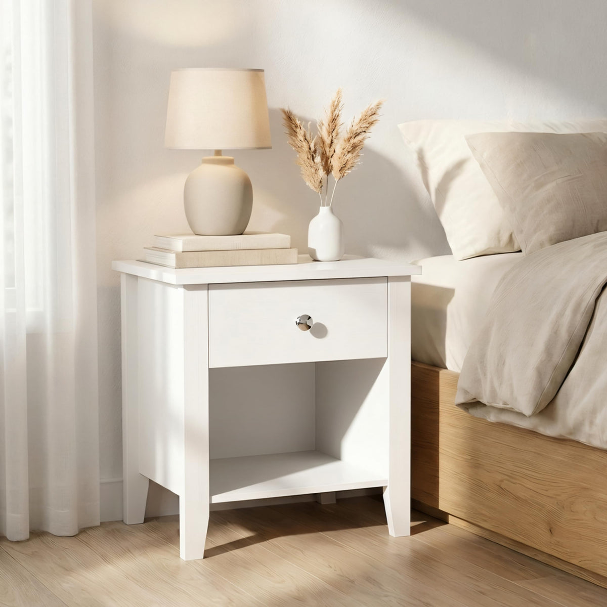 Lavish Home Wooden Nightstand with Drawer & Open Storage Shelf, White