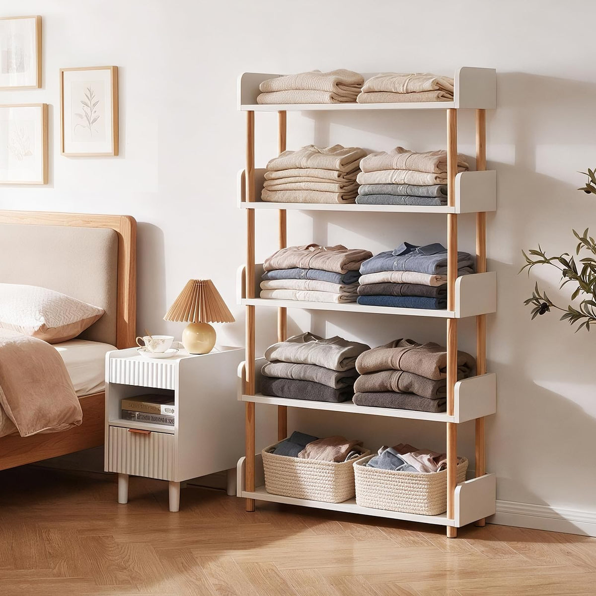 Aibiju Five-Tier Wooden Open Bookshelf - Modern Display Bookshelf for Home and Office Use, with Storage Cabinets, White YD-BC006W
