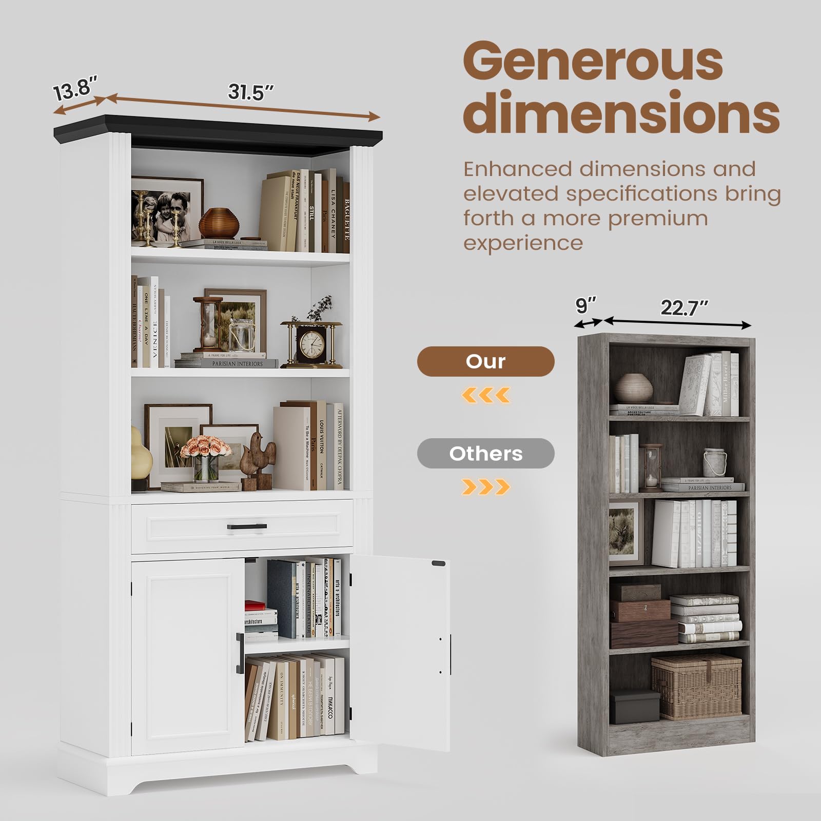 SEDETA Farmhouse Bookshelves and Bookcases with Doors and Drawer, Bookshelf with Storage, Floor Standing 6 Shelf Display Storage Shelves 70 in Tall Bookshelf for Home Office, Living Room, White