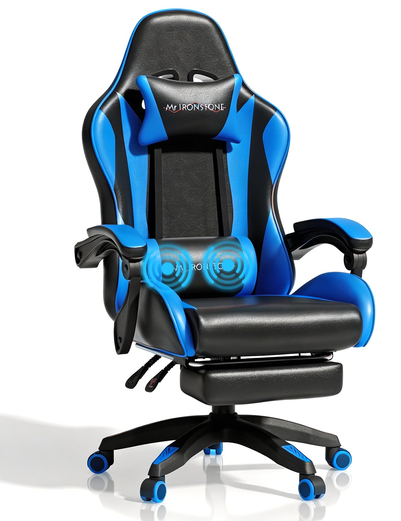 Mr IRONSTONE Gaming Chair with Footrest, Ergonomic Reclining Gamer Chair with Lumbar Support & Massage, High Back Racing Style Video Game Chair, Adjustable Headrest, Swivel Desk Chair, Blue