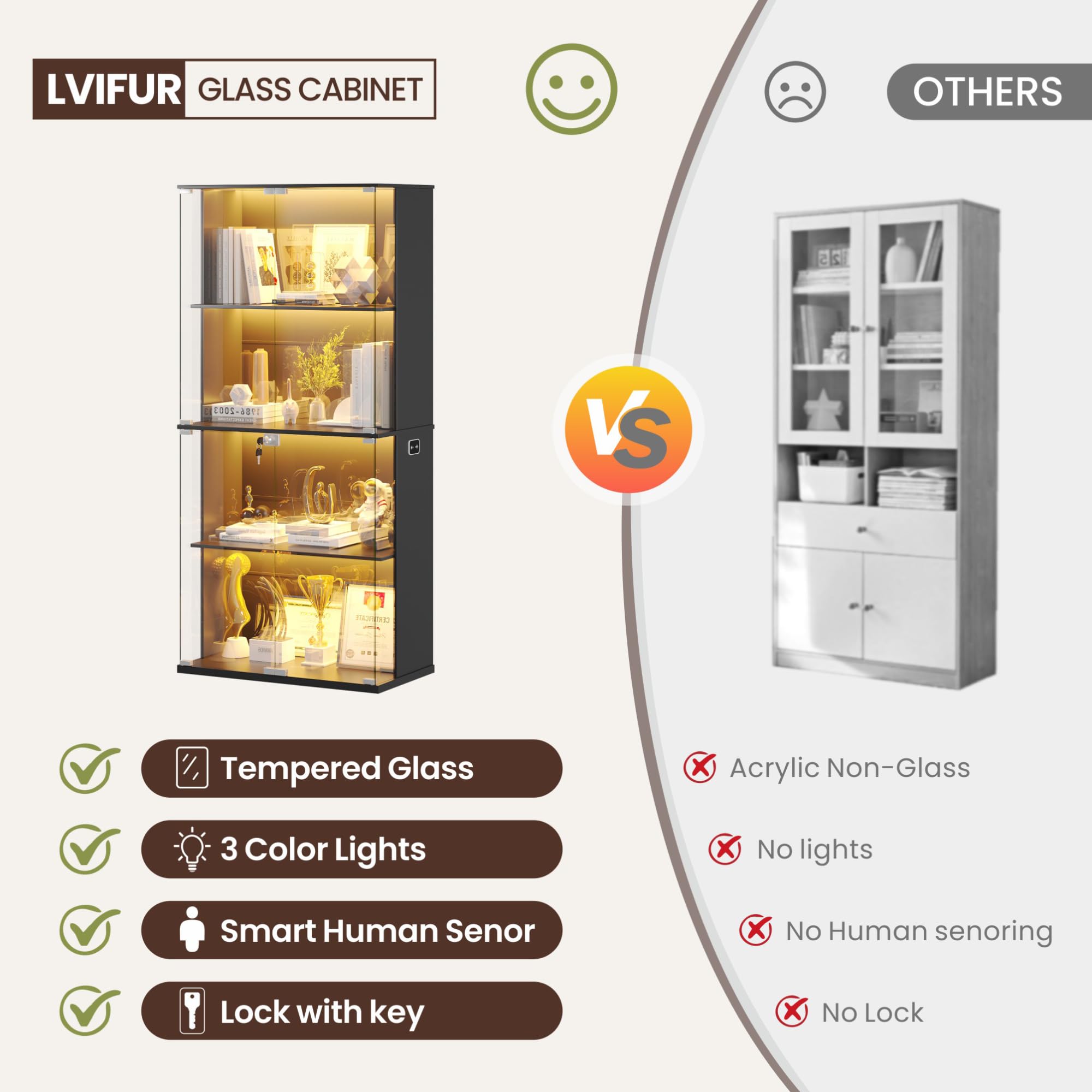 66" Glass Display Cabinet with LED Lights & Lock