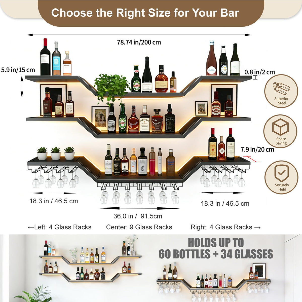XcyUktp 78.7in Wall Mounted Wine Rack with LED & Glass Holder, Metal 3-Tier