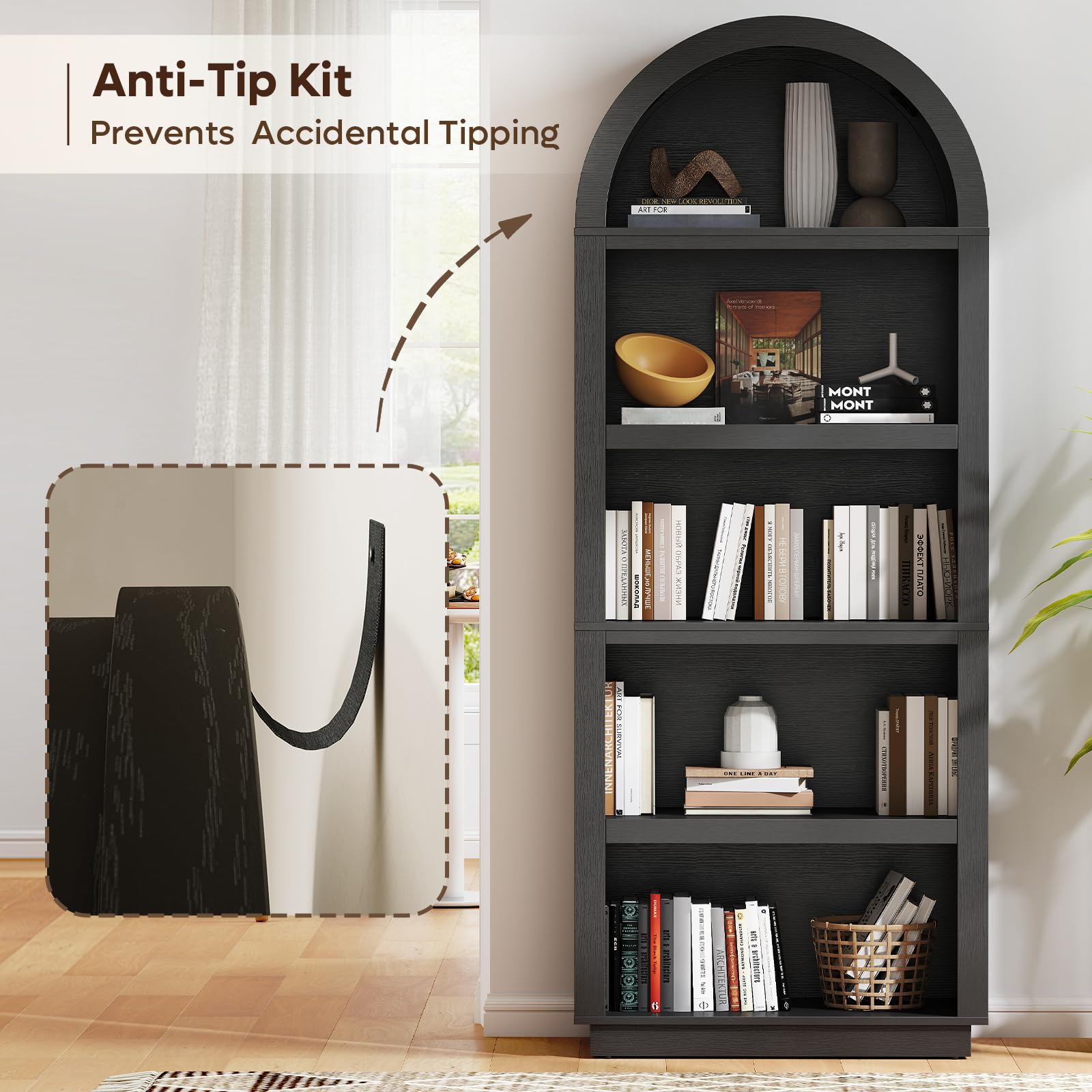 Bestier 76" Tall Arched Bookshelf, 5 Tier Arched Bookcase with Adjustable Book Shelves, Large Arch Wood Bookshelf, Modern Farmhouse Open Display Tall Bookcase for Bedroom, Home Office, Bedroom, Black