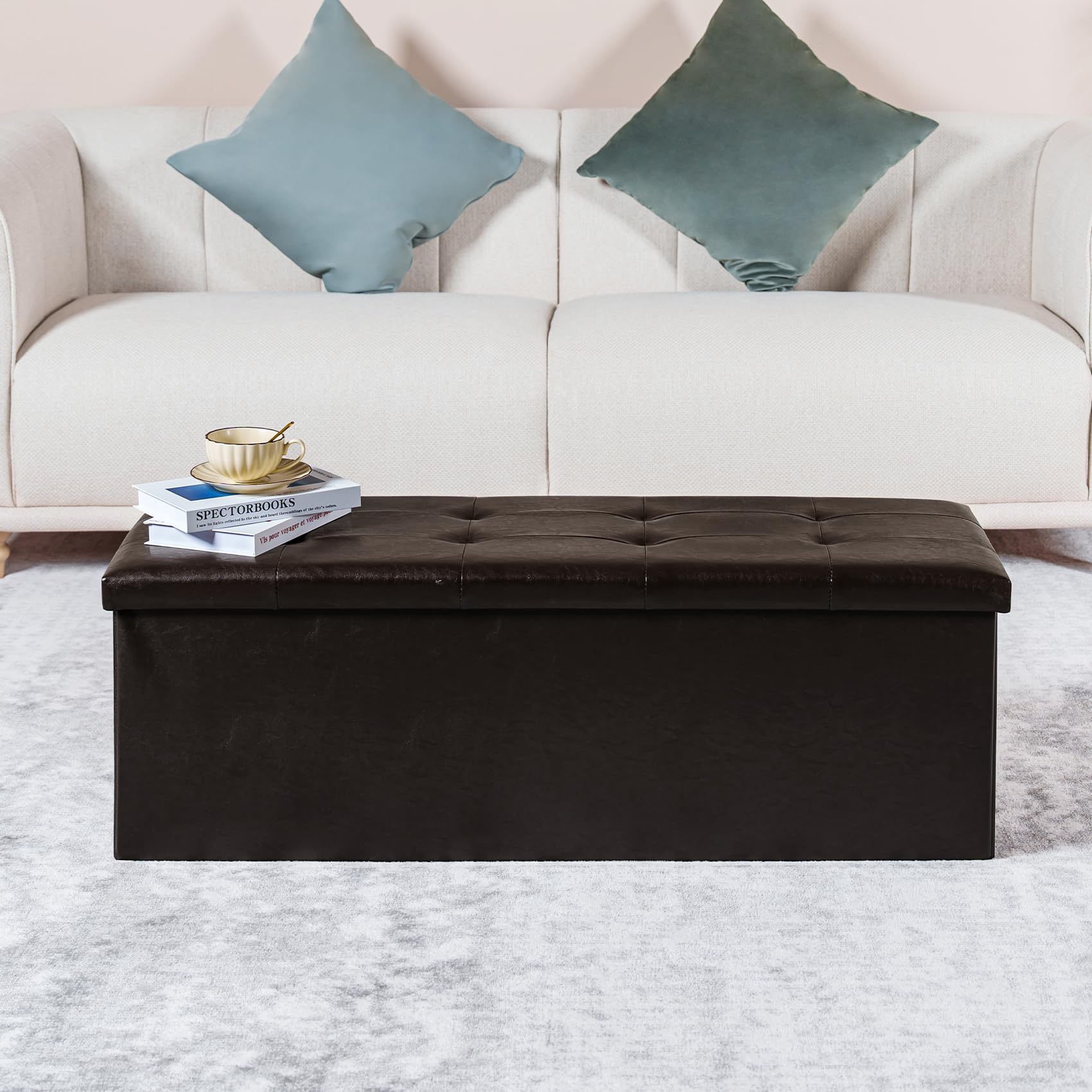 Folding Storage Ottoman Bench with Faux Leather Upholstery