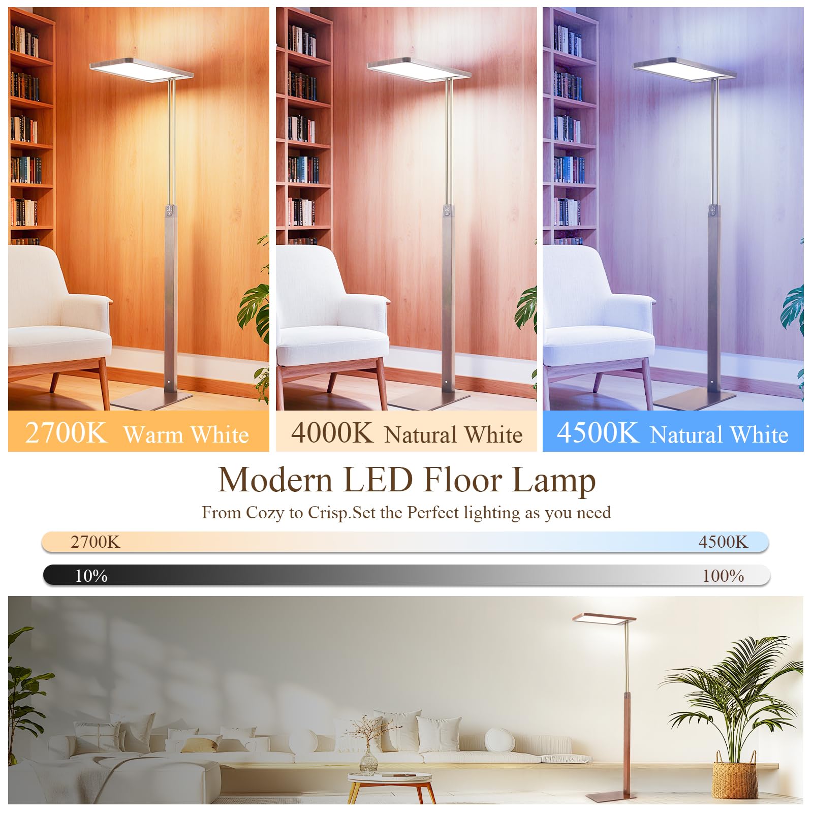 STERREN Vintage LED Floor Lamp, 10500LM Eye-Care Height Adjustable Free-Standing Lamps, 110W Full Spectrum Reading Light for Office, Meeting Room, 2700-5000K, Black Walnut Wood Finish