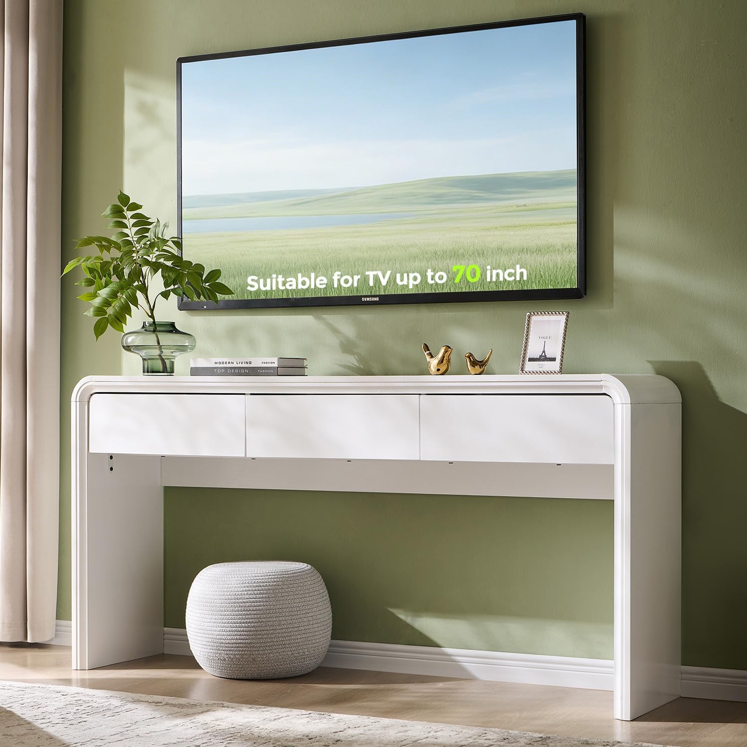 Aitjunz 63'' Console Table with 3 Drawers, Modern Entryway Table with Curved Profile Design, Narrow Long Wood Sofa Table Behind Couch Table for Living Room, Hallway, Foyer, White