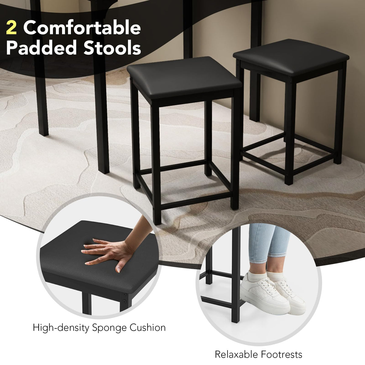 GIANTEX Dining Table Set for 2, Counter Height Bar Table with Faux Marble Pattern Tabletop, 2 Padded Bar Stools, Footrests, Metal Frame, Dinette Set for Kitchen Small Space Breakfast Nook Pub, Brown
