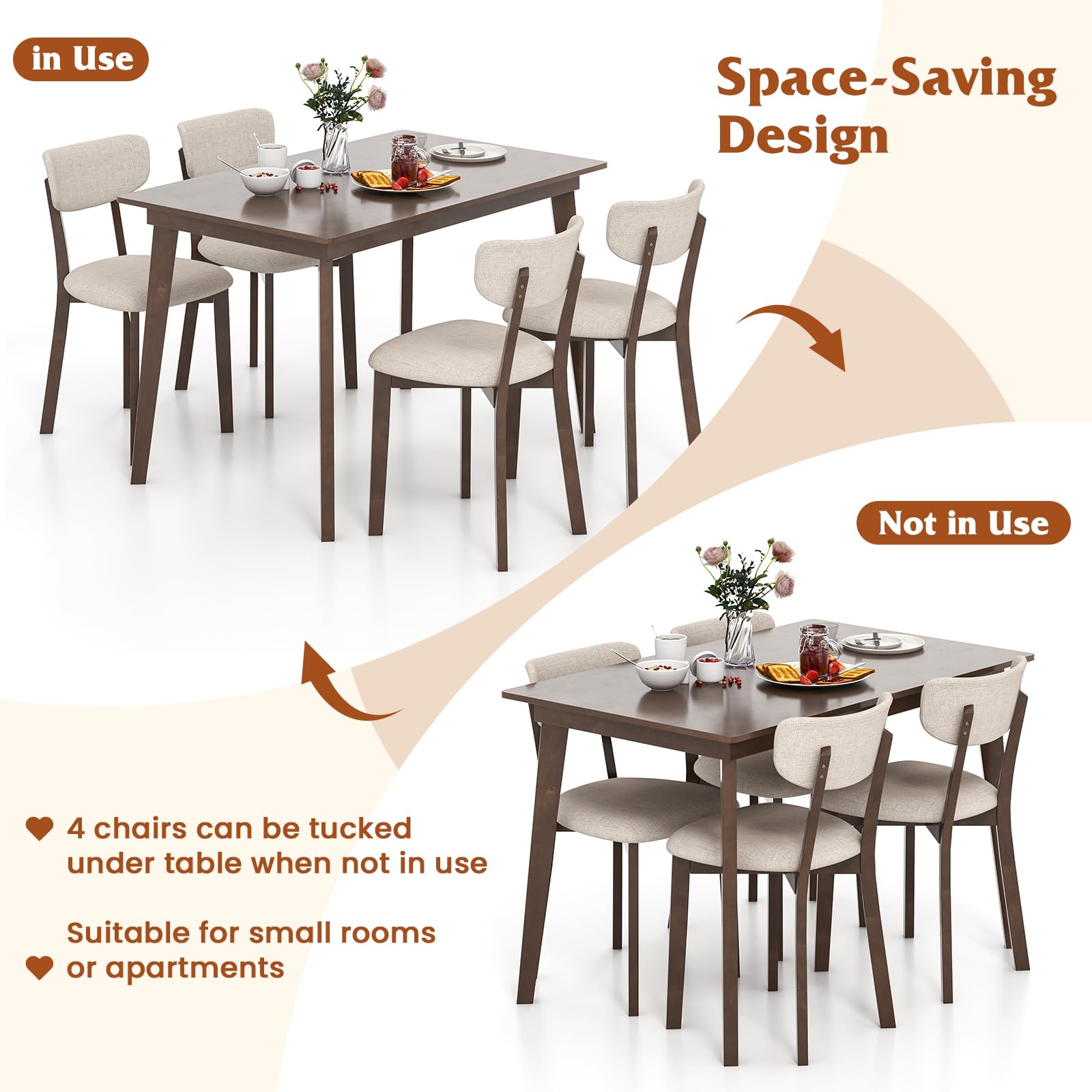 5-Piece Farmhouse Dining Table Set with 4 Upholstered Chairs