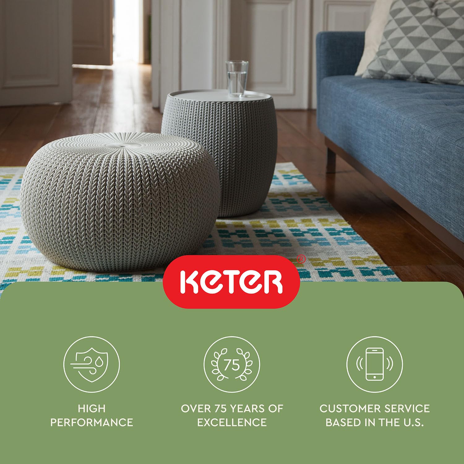 Keter Urban Knit Pouf Ottoman Set of 2 with Storage Table for Patio and Room Décor - Perfect for Balcony, Deck, and Outdoor Seating, Grey & White